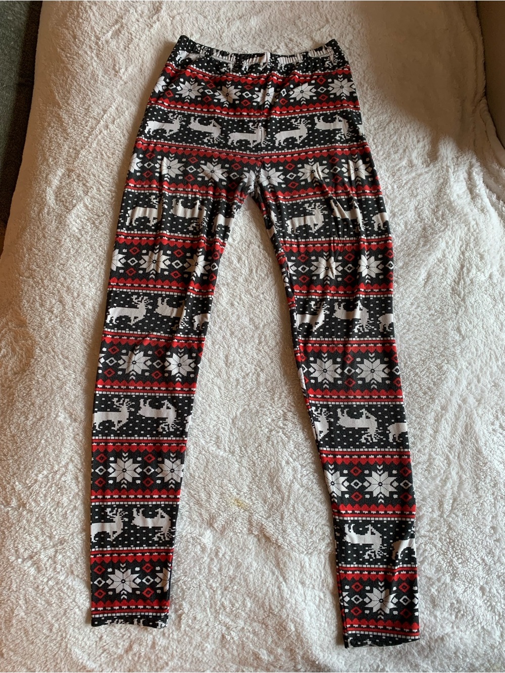Women's Festive Holiday Christmas Leggings Red, Black & White Reindeer